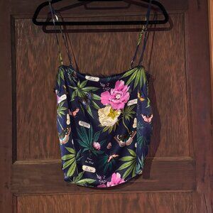 Fleur du Mal straight neck cami with lace trim - papillon indigo botanical print